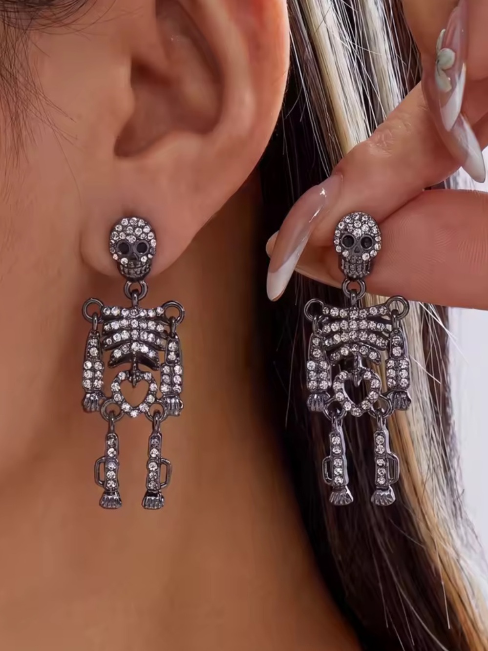 Gunmetal Crystal Skeleton Drop Earrings - Women Jewelry